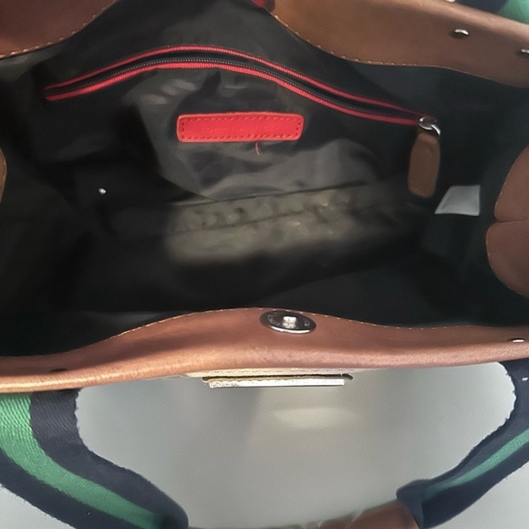 Tommy Hilfiger Monogram Canvas Tote Bag with Green & Navy Striped Handles - Picture 5 of 5